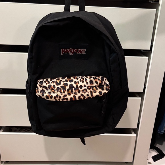 Jansport Black Backpack with Leopard Accent - Picture 1 of 3